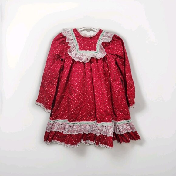 Bryan Vintage Floral CHRISTMAS DRESS Girls Size 5 Red Green Holiday Ruffle 1980s - Picture 1 of 8